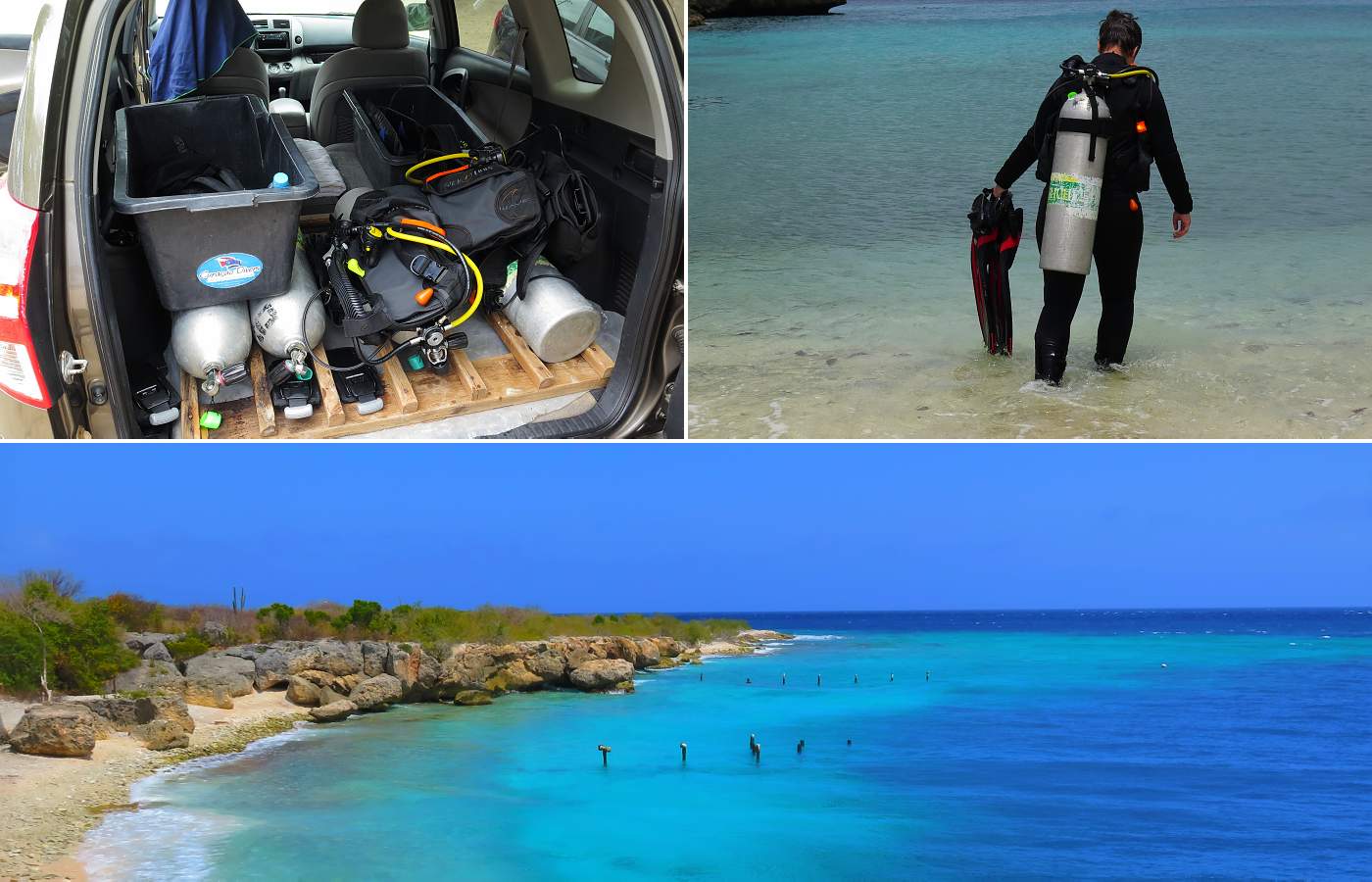 Fotografie z potápění, výstroj v automobilu a snímky z pláží