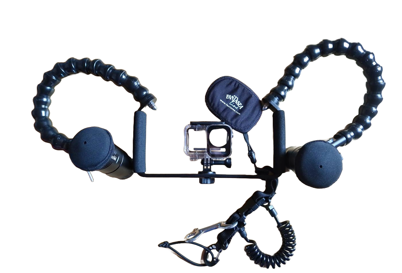 Příklad sestavy akční kamery s dvojicí světel pro potápění s přístrojem